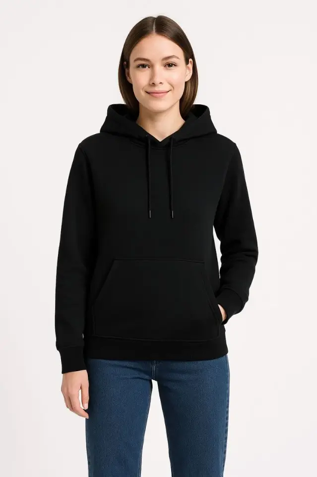 Kadın Üç İplik Kapüşonlu Kanguru Çepli SweatShirt hoodie - Siyah