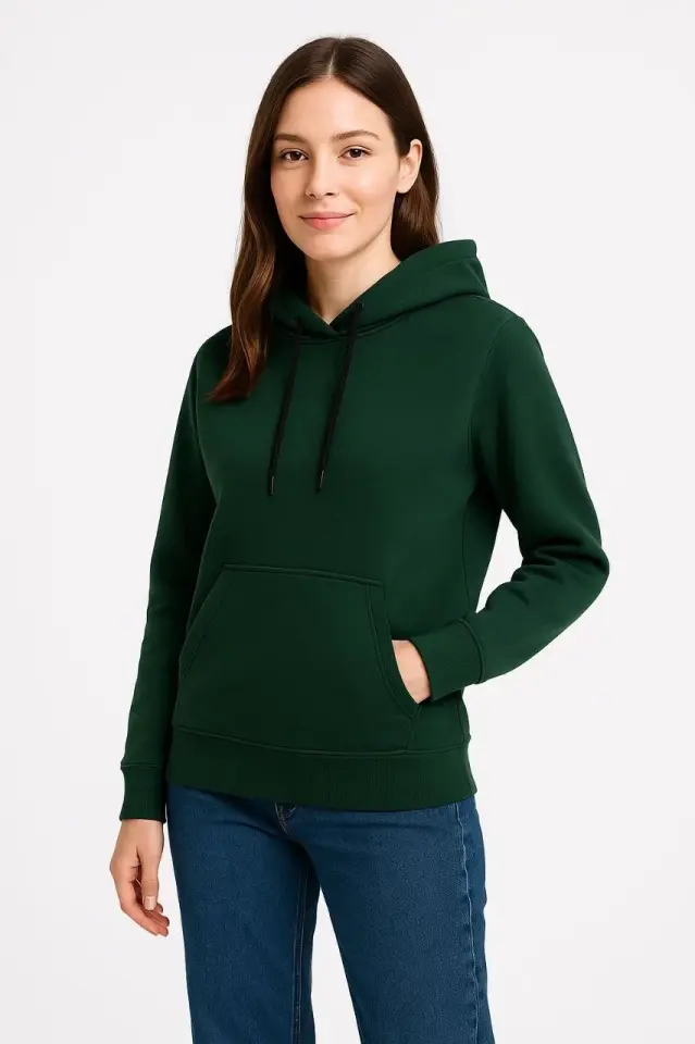 Kadın Üç İplik Kapüşonlu Kanguru Cepli Sweatshirt hoodie - Haki