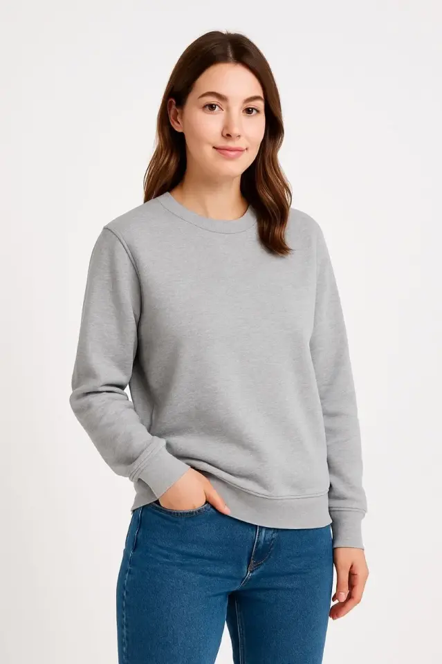 Kadın Üç İplik Düz Bisiklet Yaka SweatShirt - Gri