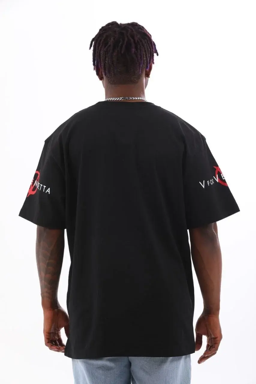 Unisex Oversize Baskılı Bisiklet Yaka T-Shirt - Siyah