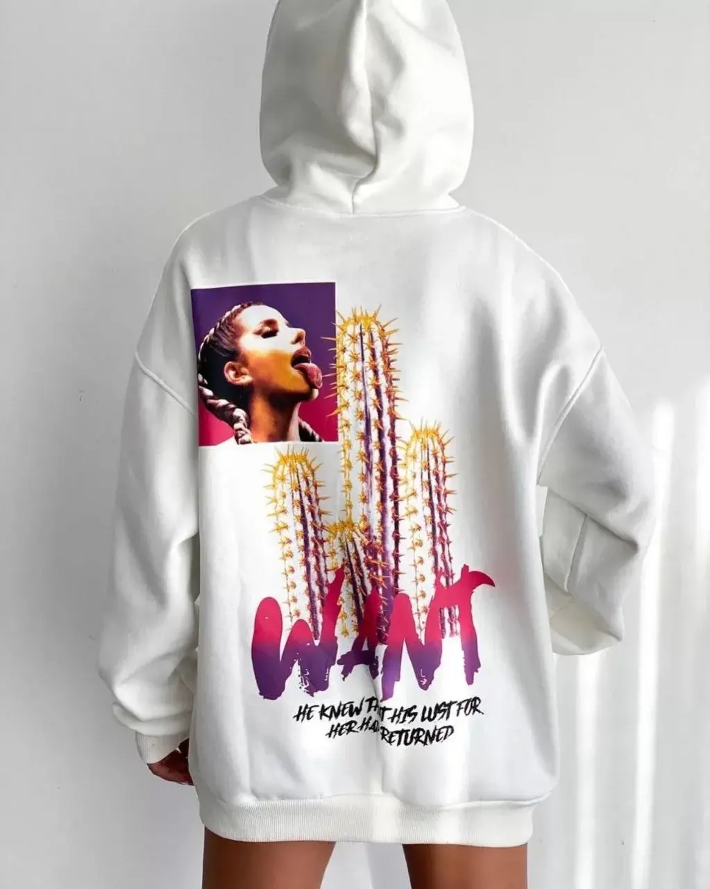 Baskılı Üç İplik Kapüşonlu Oversize Sweatshirt - Beyaz