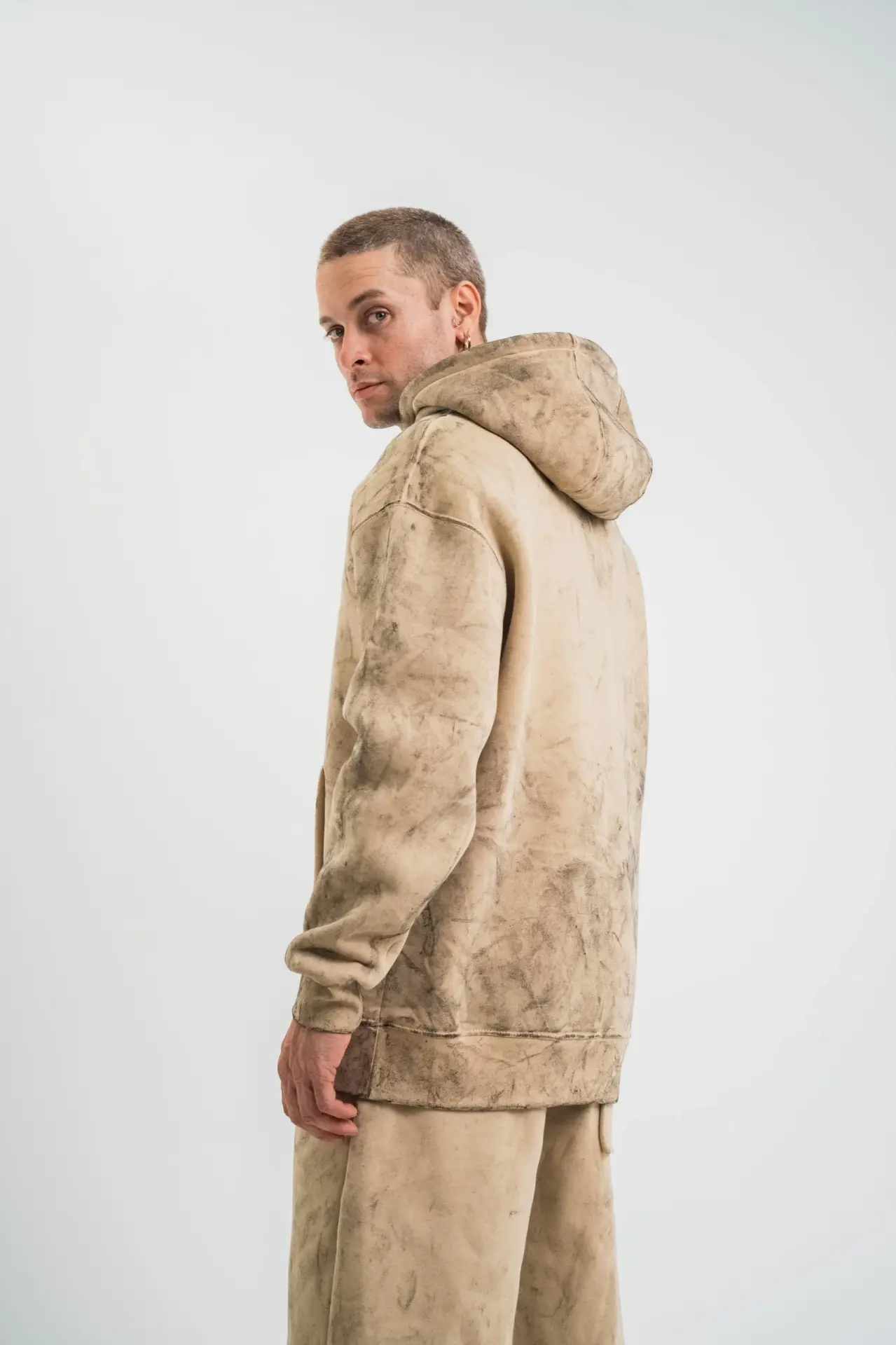 Unisex Double Oversize Kapşonlu Yıkamalı SweatShirt - Bej