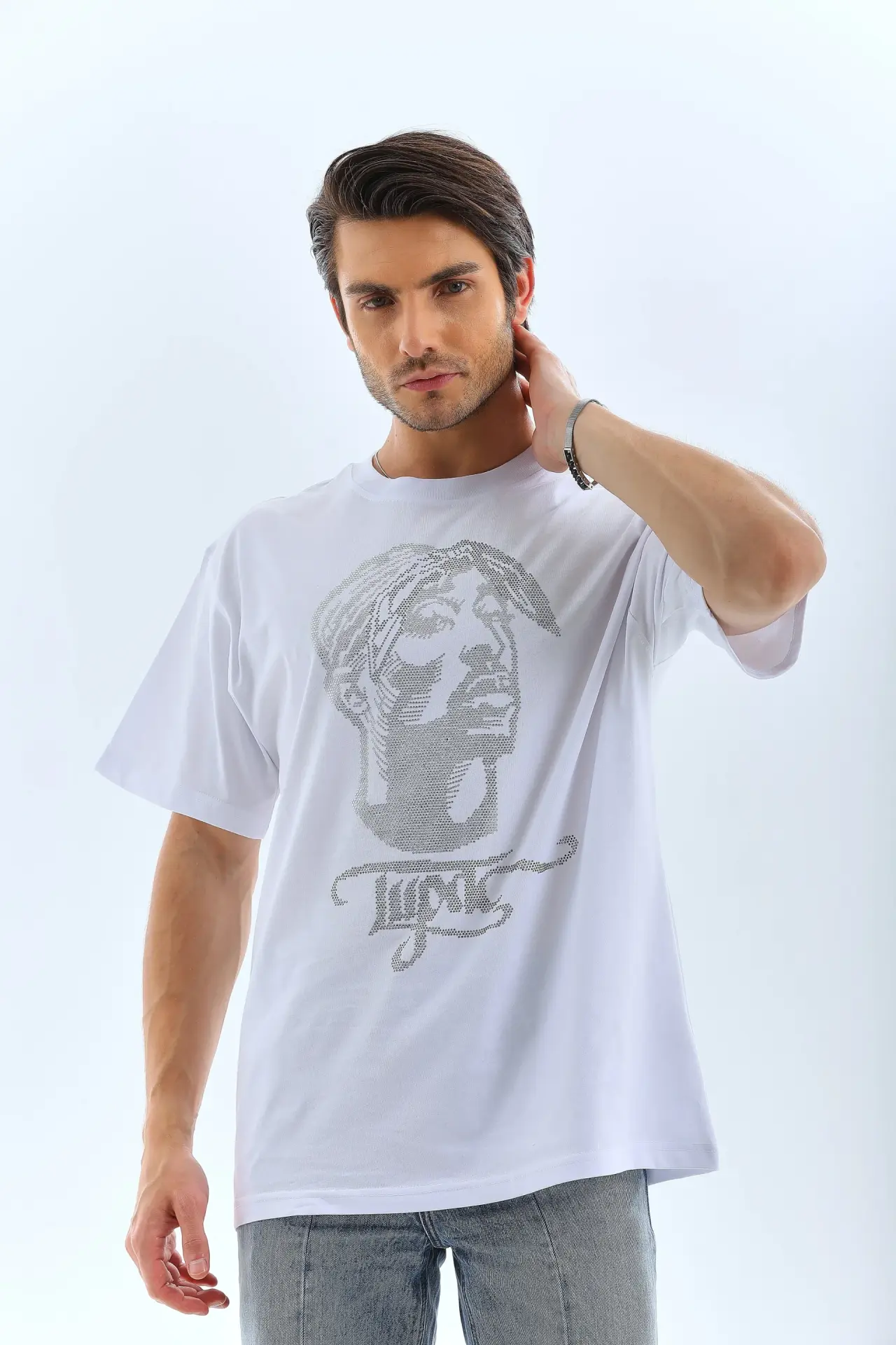 Unisex Oversize Taşlı Bisiklet Yaka T-Shirt - Beyaz