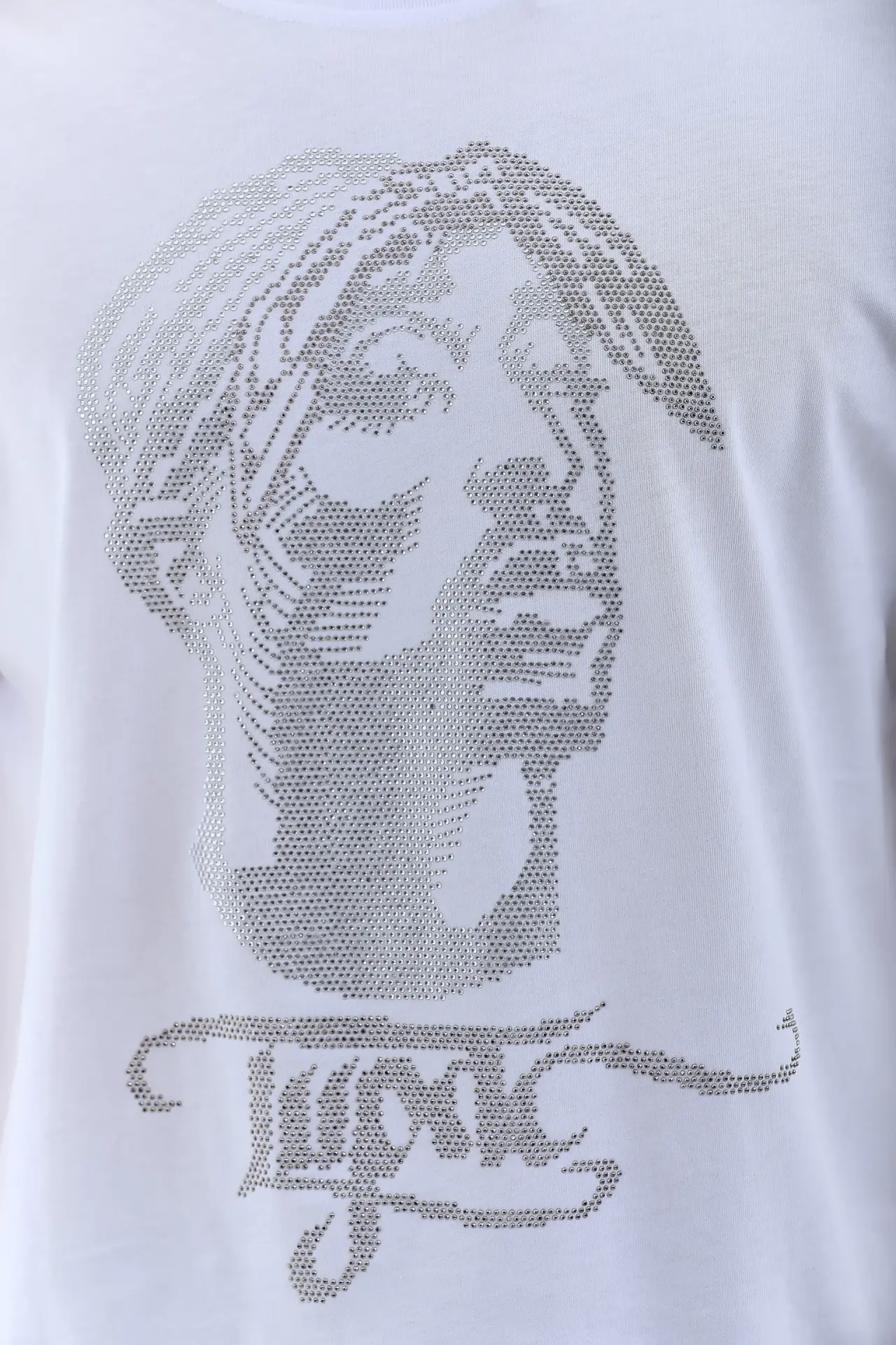 Unisex Oversize Taşlı Bisiklet Yaka T-Shirt - Beyaz