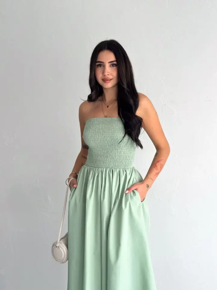 Straplez Pileli Elbise - Su Yeşili