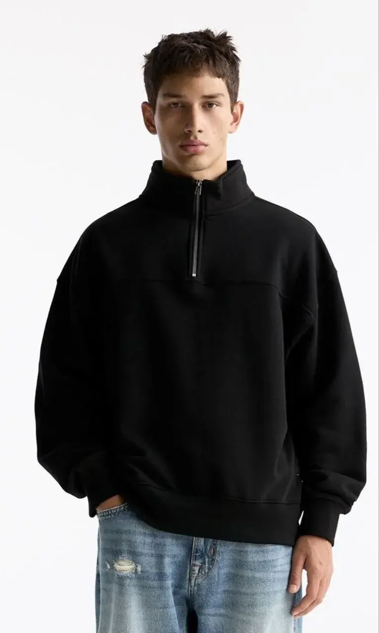 Oversize Yarım Farmuarlı Yakalı Basic SweatShirt - Siyah