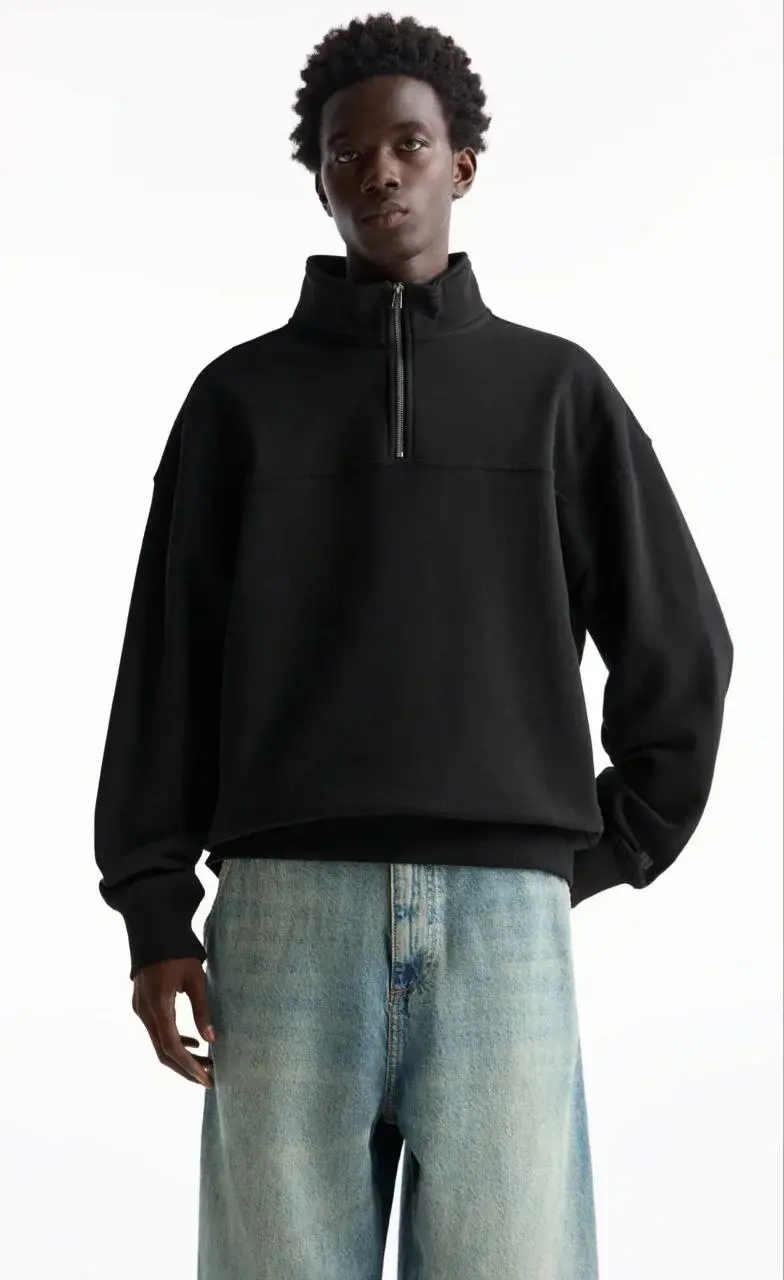 Oversize Yarım Farmuarlı Yakalı Basic SweatShirt - Siyah