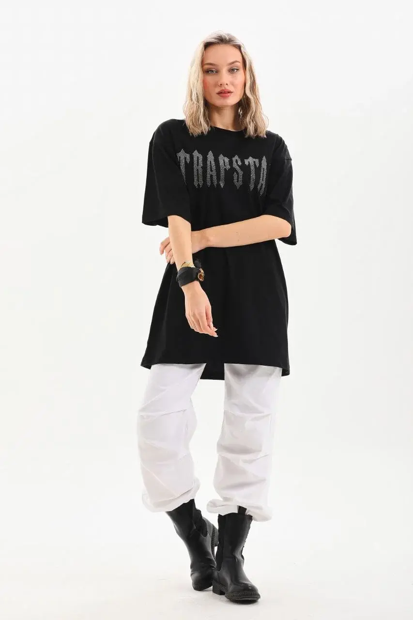 Unisex Taş Desenli Oversize T-Shirt - Siyah
