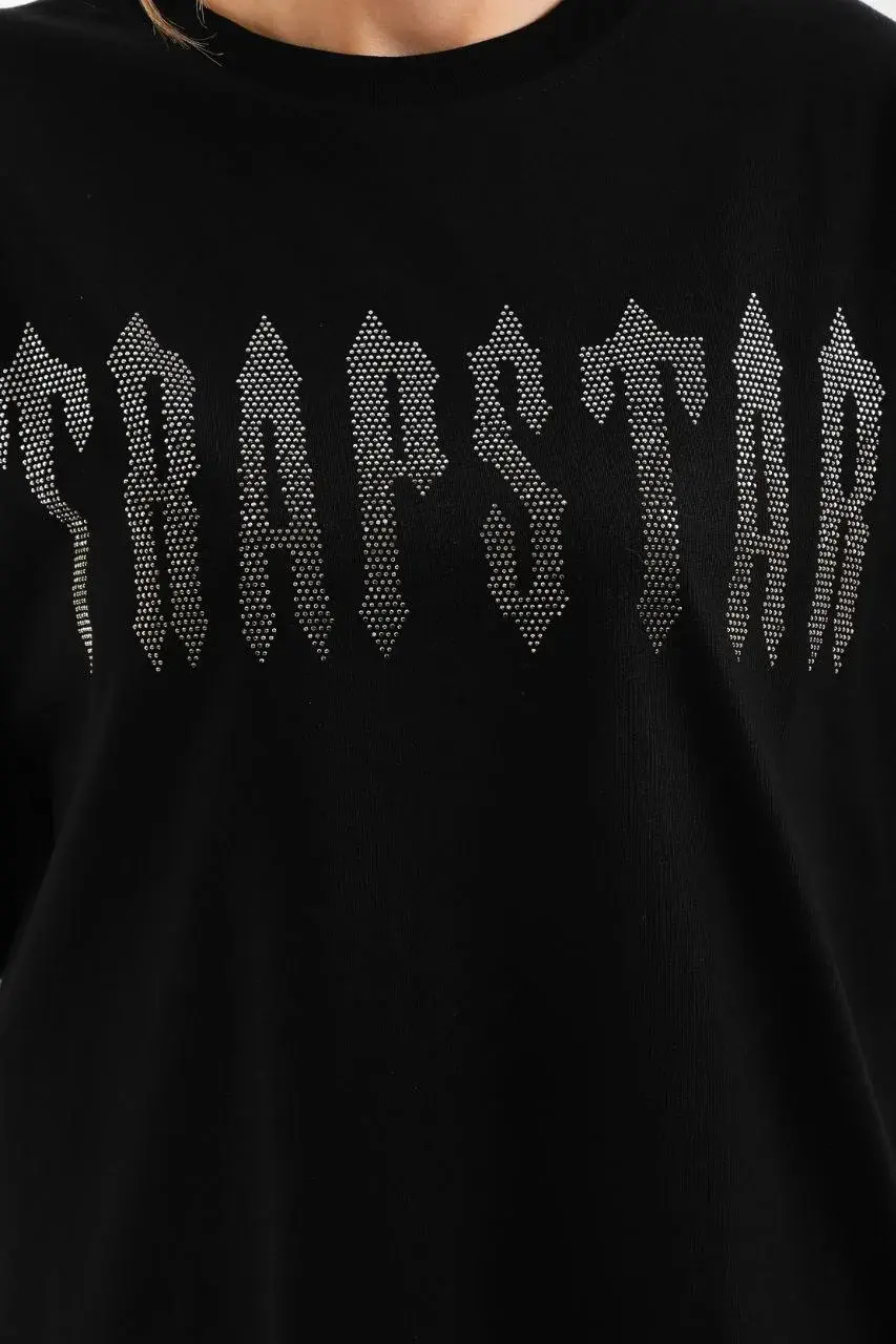 Unisex Taş Desenli Oversize T-Shirt - Siyah