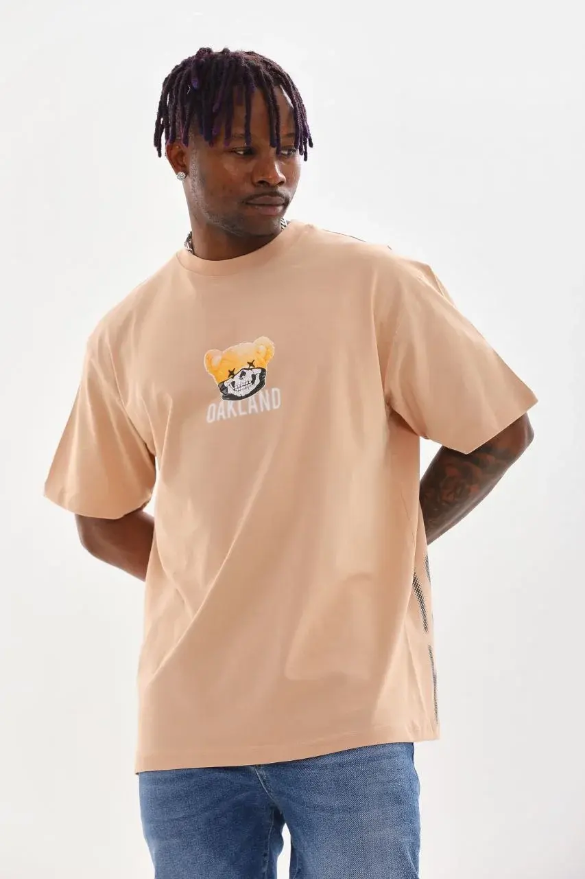 Unisex Baskılı Oversize T-Shirt - Bej