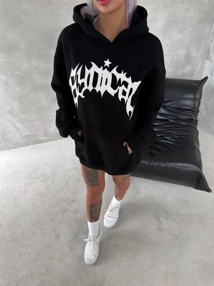 Unisex Üç İplik Kapüşonlu Baskılı SweatShirt - Siyah