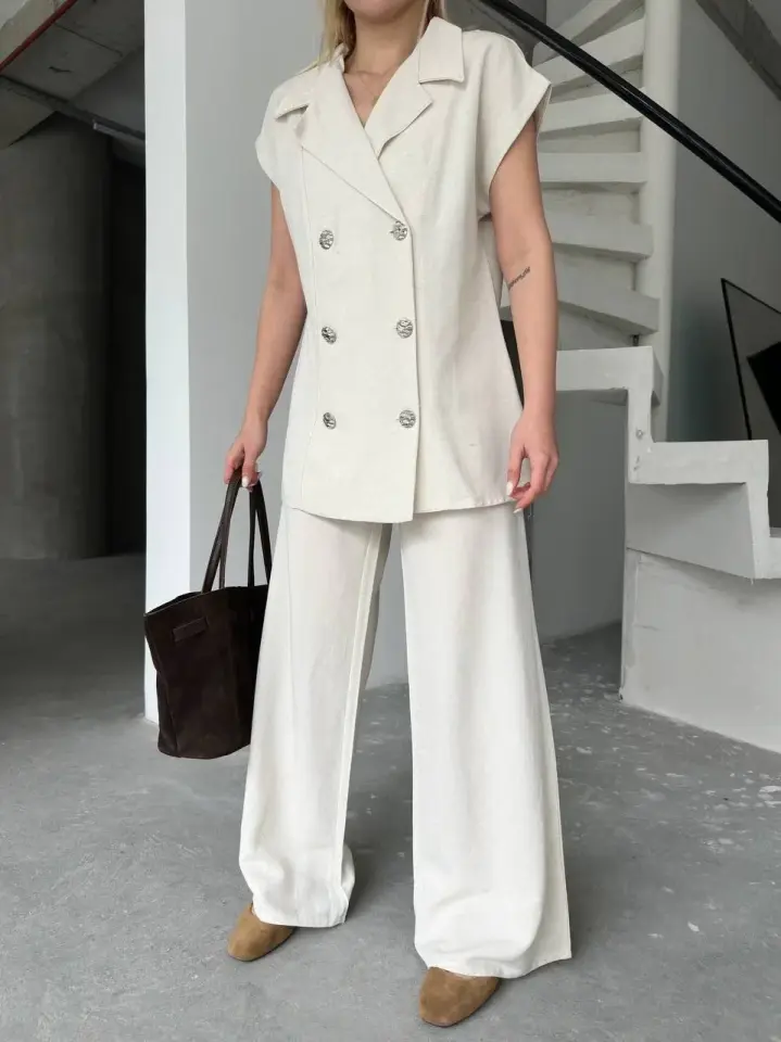 Keten Sıfır Kol Blezer Ceket Pantolon ikili Takım- Beyaz
