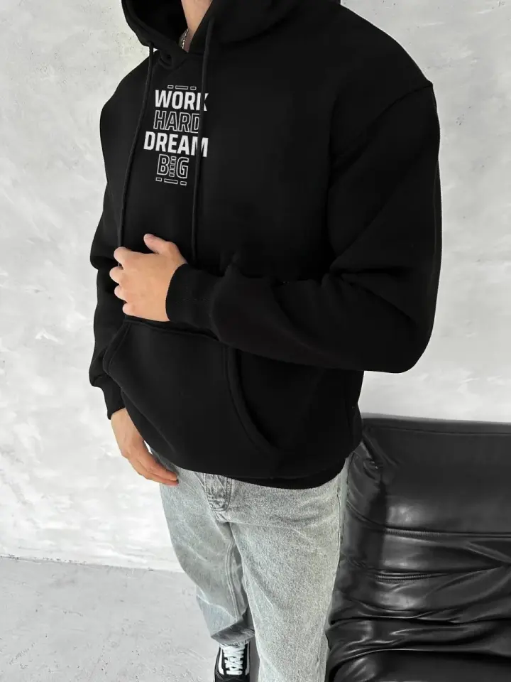 Kışlık Üç İplik Kapüşonlu SweatShirt - Siyah