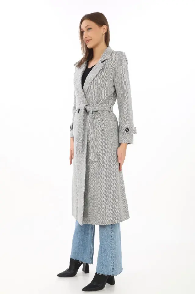 Kadın Astarlı Balık Sırtı Kaşmir Kaşe Kaban - Gri