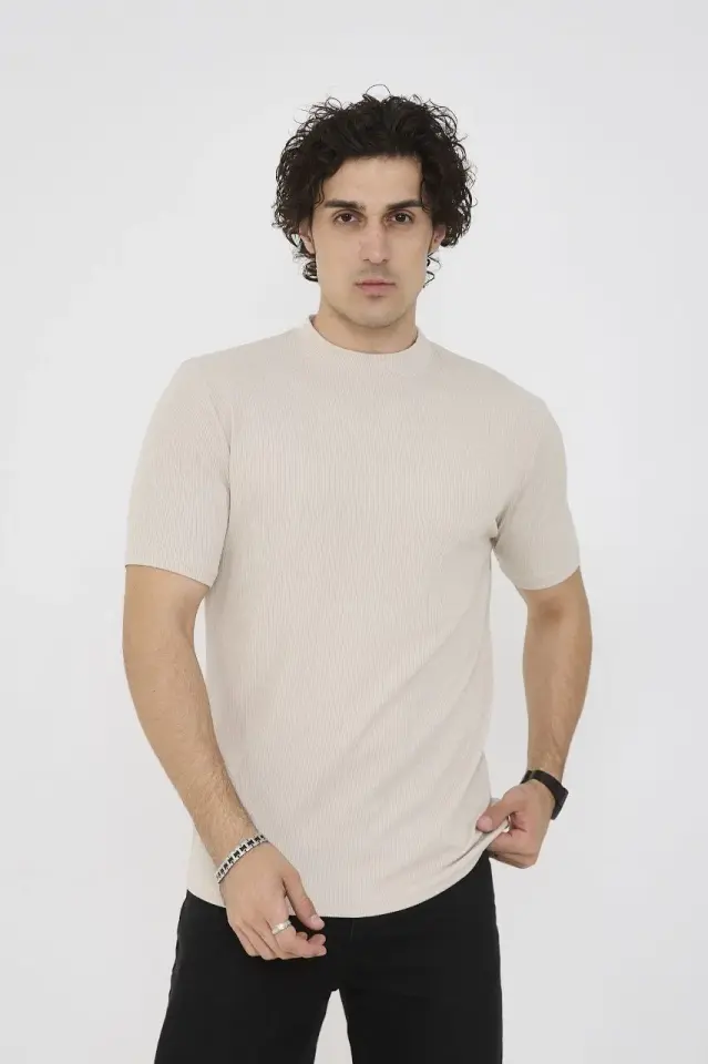 Unisex Bisiklet Yaka Slim fit T-Shirt- Bej