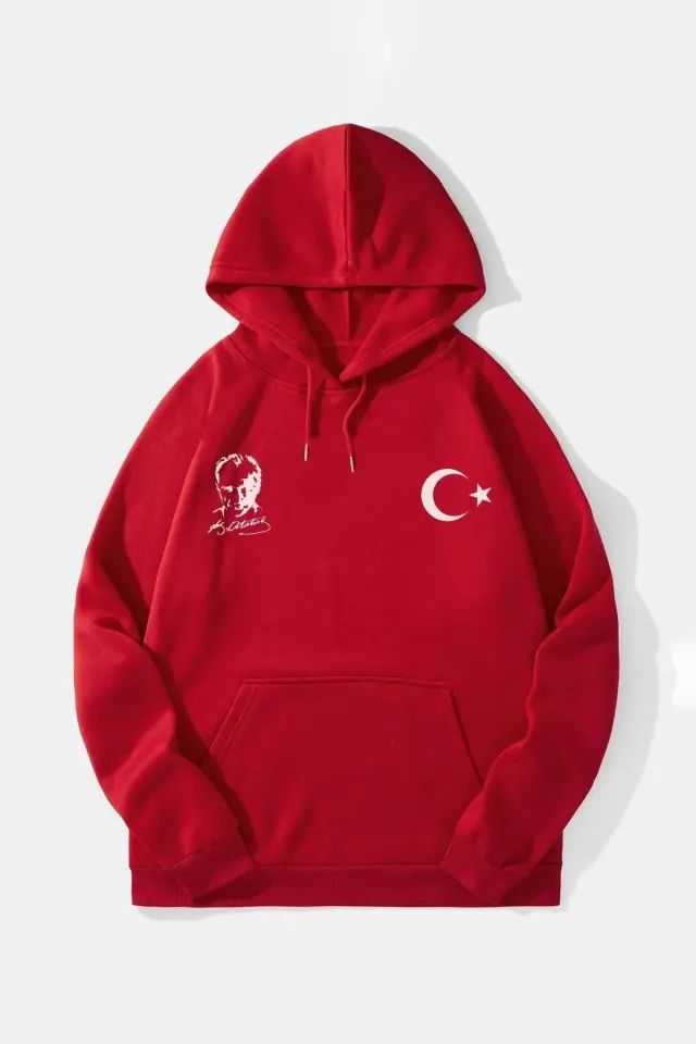 10 Kasıma Özel Üç İplik Kapüşonlu Baskılı SweatShirt - Kırmızı