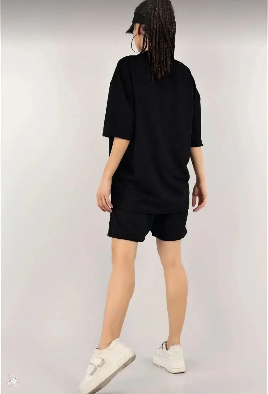 Kadın Unisex Nakış İşlemeli Şort Takım - Siyah
