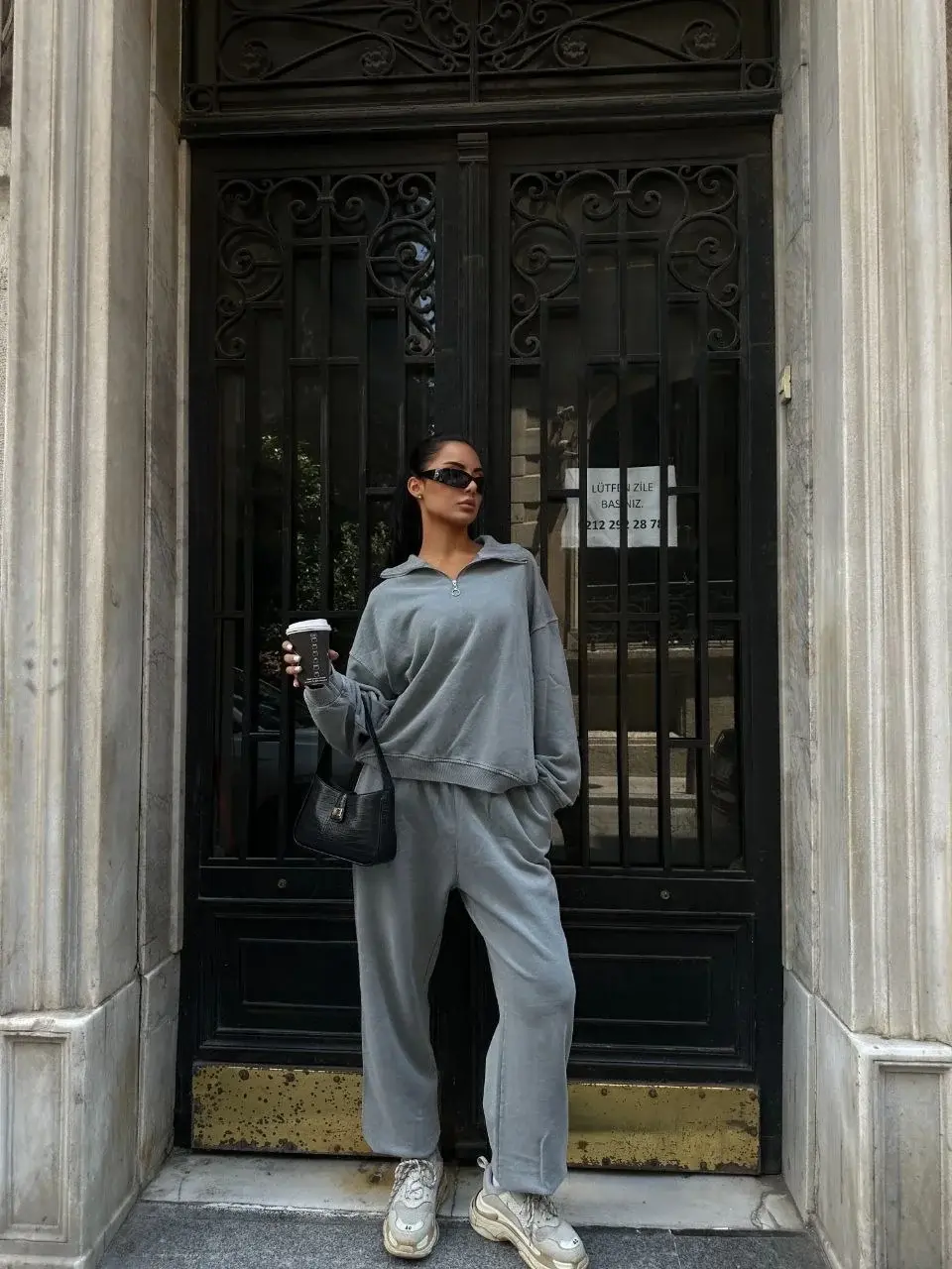 Yıkamalı iki iplik Kumaş Yakalı Fermuarlı Oversize Eşofman Takımı - Gri