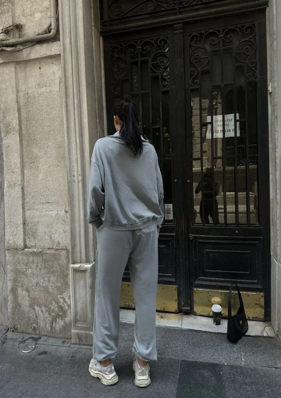 Yıkamalı iki iplik Kumaş Yakalı Fermuarlı Oversize Eşofman Takımı - Gri