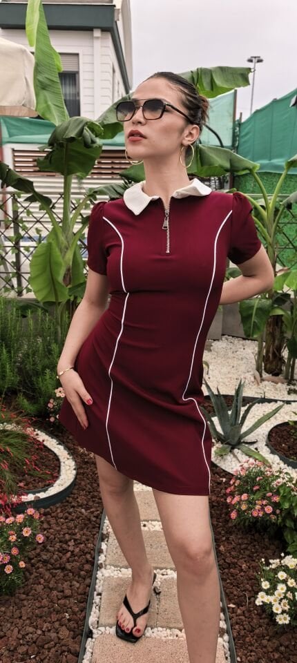 Bordo Polo Yaka Fermuar Detaylı Tenis Elbisesi
