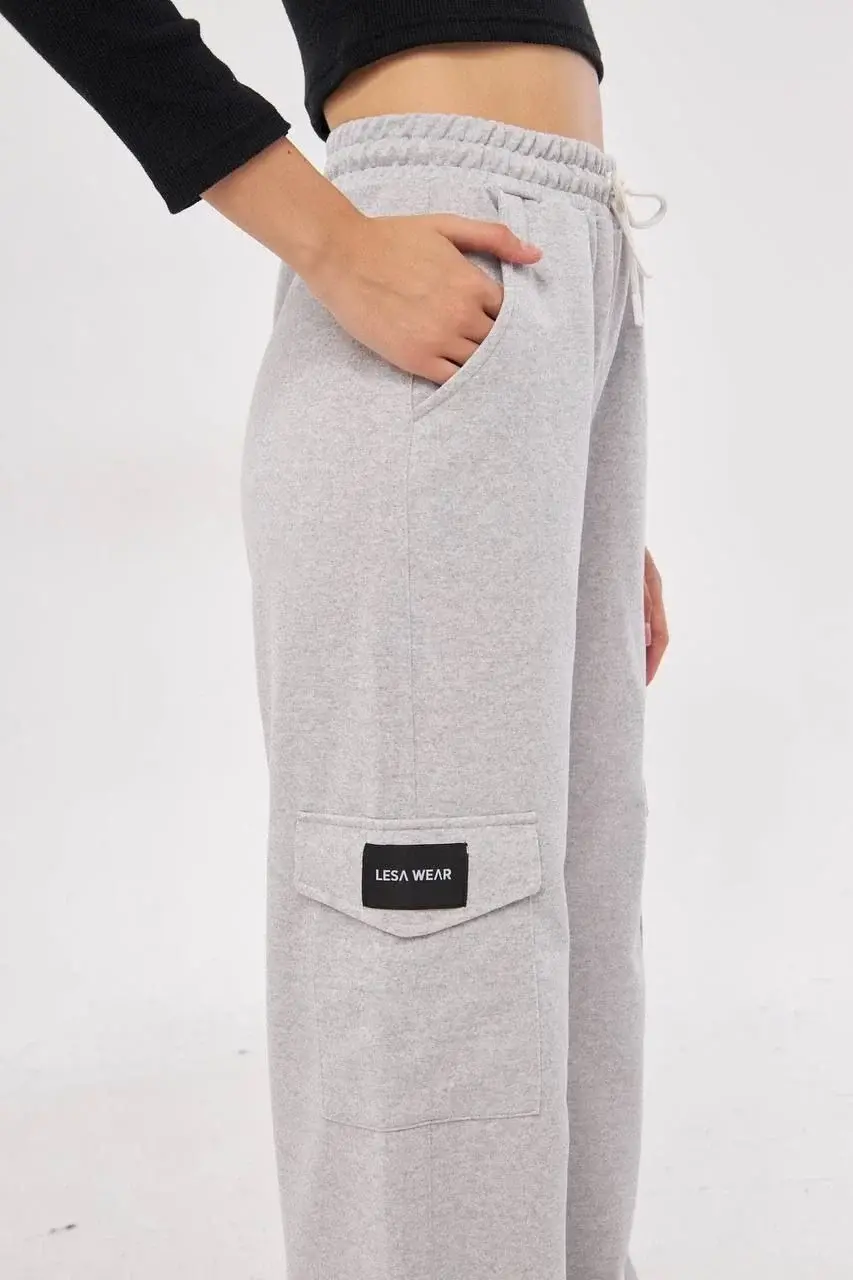 Kargo Cepli Palazzo Oversize Kesim İki iplik Bol Paça Eşofman Altı Pantalon - Gri