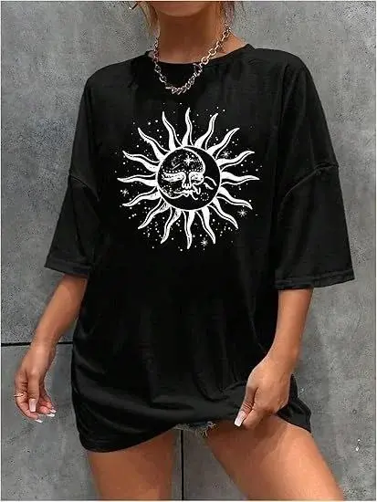 Kadın Bisiklet Yaka Baskılı T-shirt - Siyah