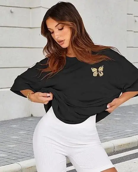 Kadın Bisiklet Yaka Baskılı T-shirt - Siyah