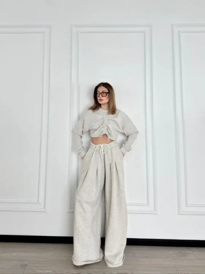 Uzun Kollu Önü İp Büzgülü Crop ve Pantolon İkili Takım - Gri