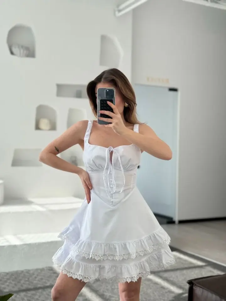 Mini Askılı Elbise - Beyaz