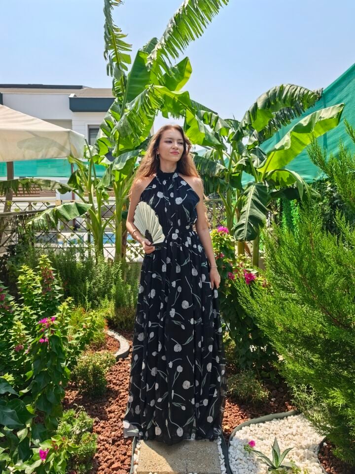 Ekru Çiçek Desen Şifon Elbise