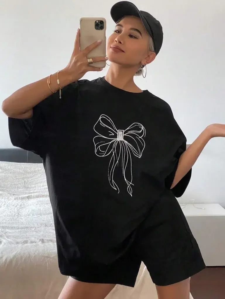 Kadın Baskılı Oversize T-shirt - Siyah