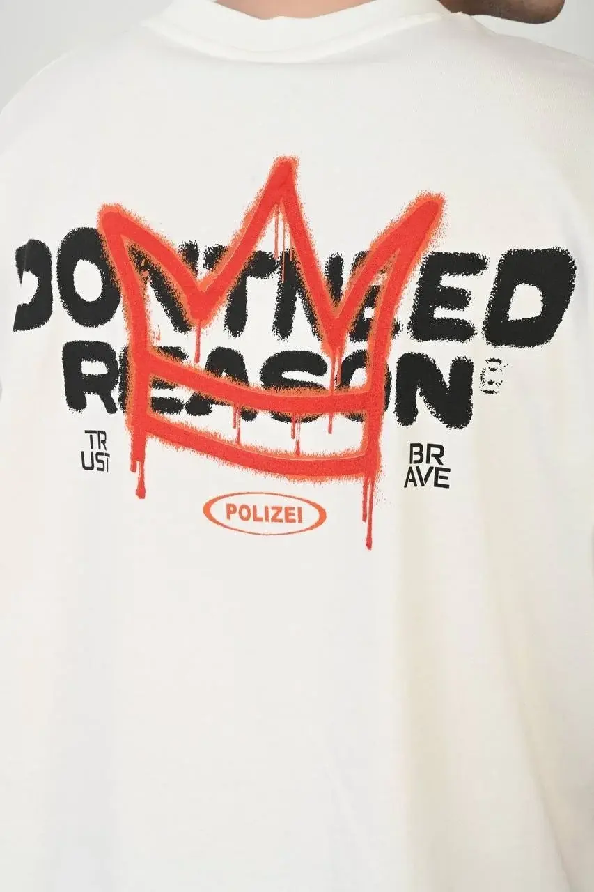 Unisex Bisiklet Yaka Baskılı Oversize T-Shirt - Beyaz