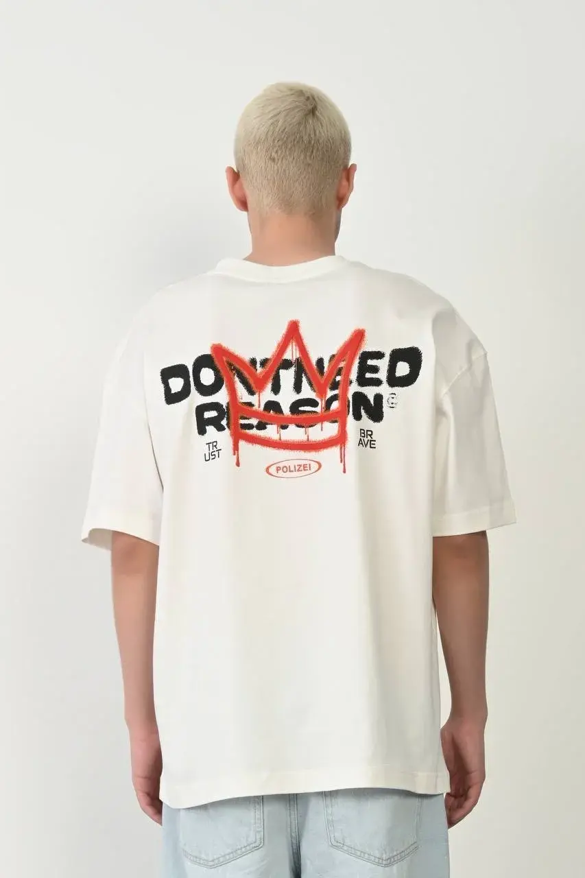 Unisex Bisiklet Yaka Baskılı Oversize T-Shirt - Beyaz