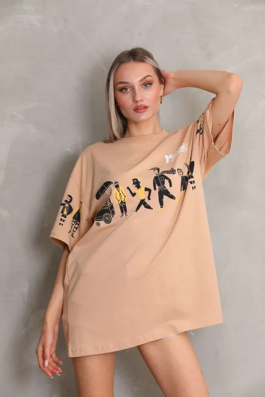 Unisex Bisiklet Yaka Baskılı Oversize T-Shirt - Bej