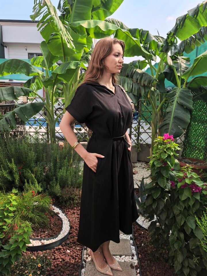 Mila Pamuklu Keten Kemerli Midi Elbise