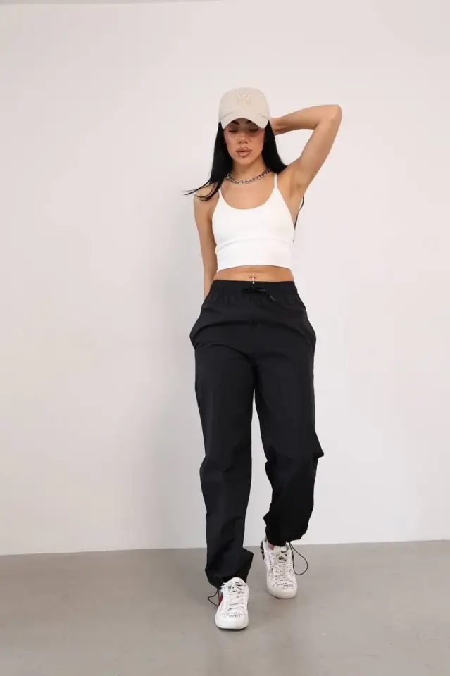 Paraşut Kumaş Paça Cepli Baggy Eşofman - Siyah