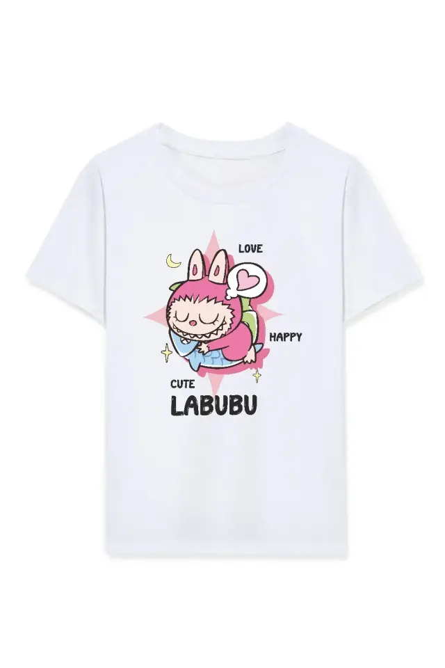 Kız Labubu Çocuk Baskılı T-Shirt - Beyaz