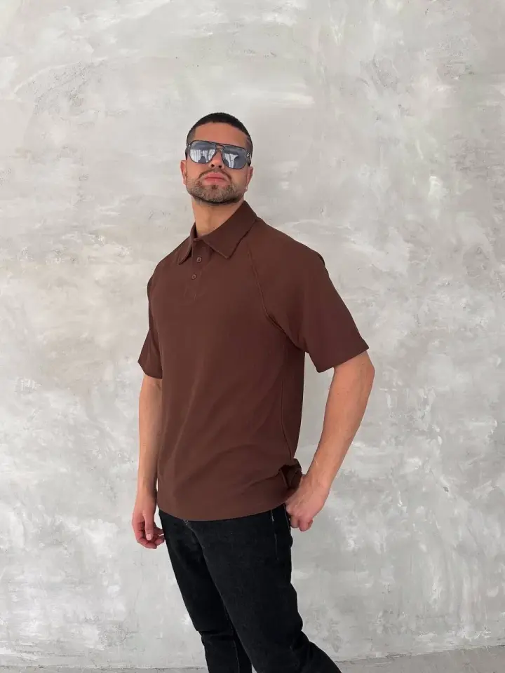 Yakalı Patlı Kısa Kol T-shirt - Kahverengi