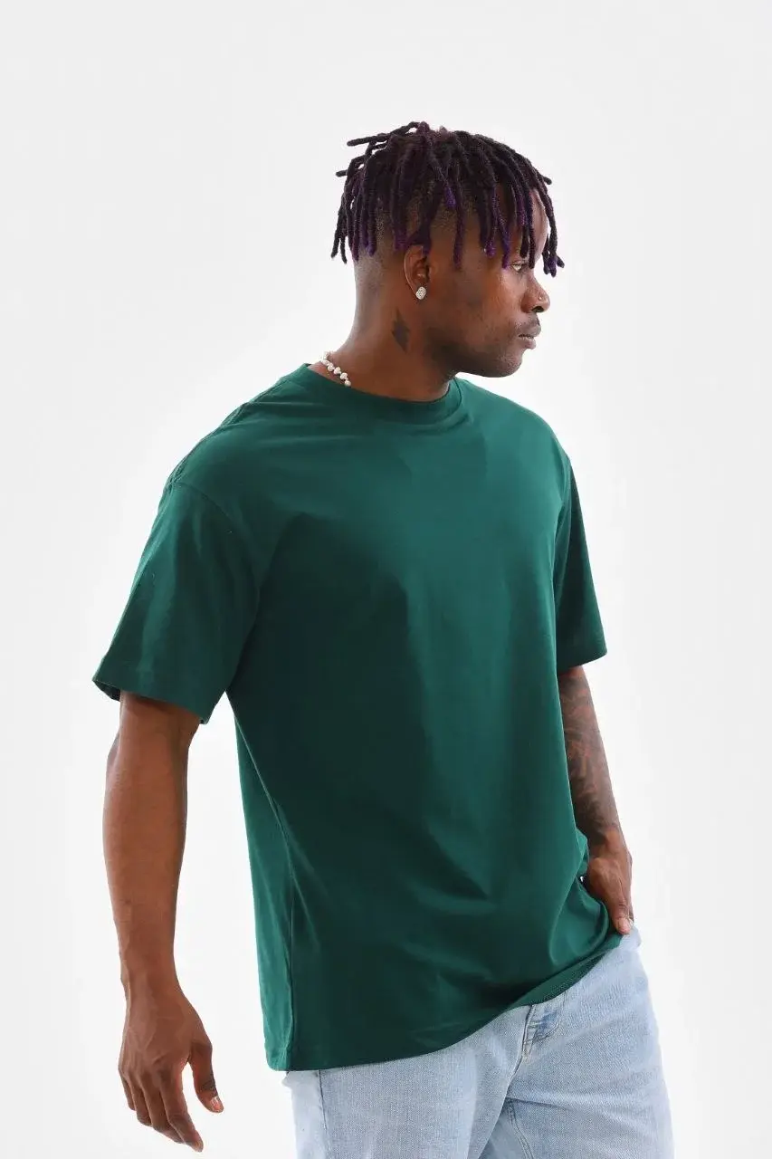 Unisex Oversize Düz Bisiklet Yaka T-Shirt - Koyu Yeşili