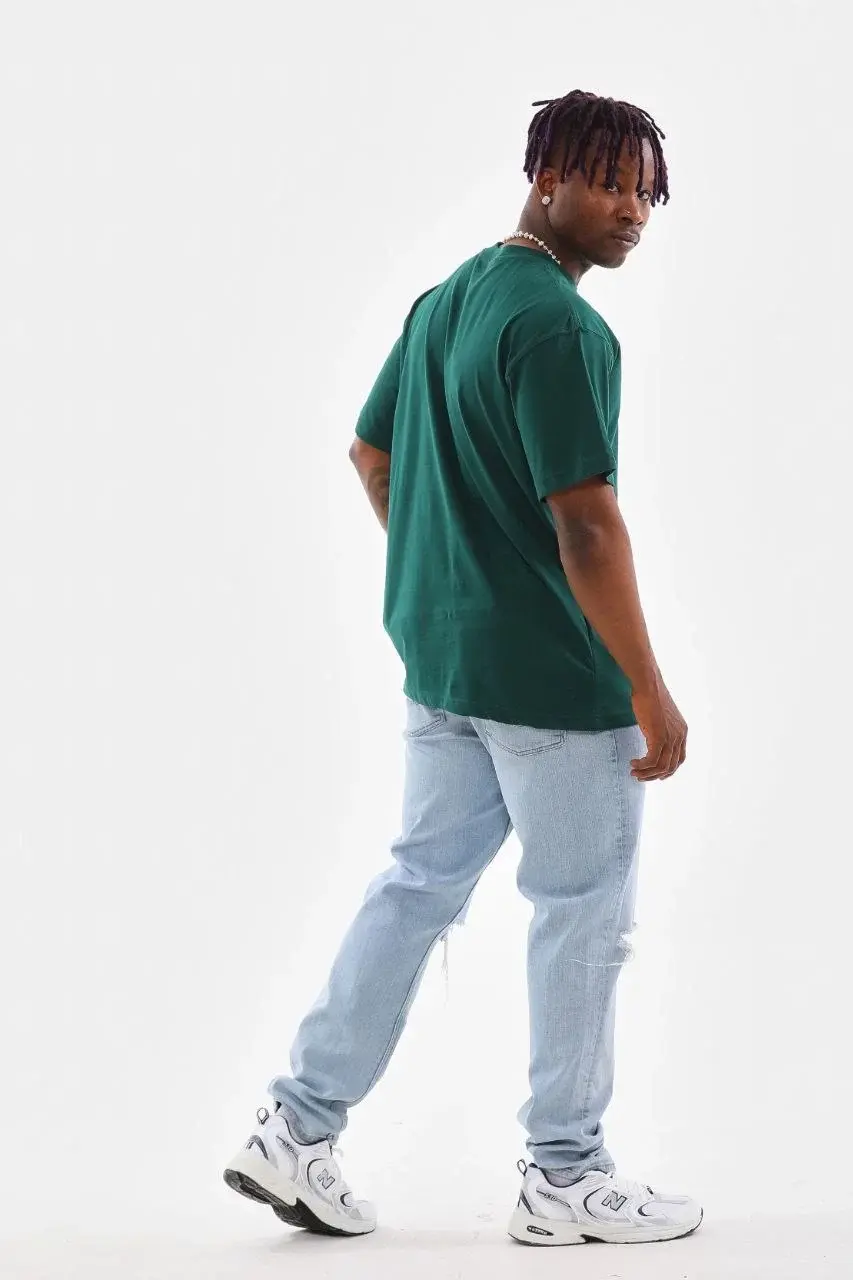 Unisex Oversize Düz Bisiklet Yaka T-Shirt - Koyu Yeşili