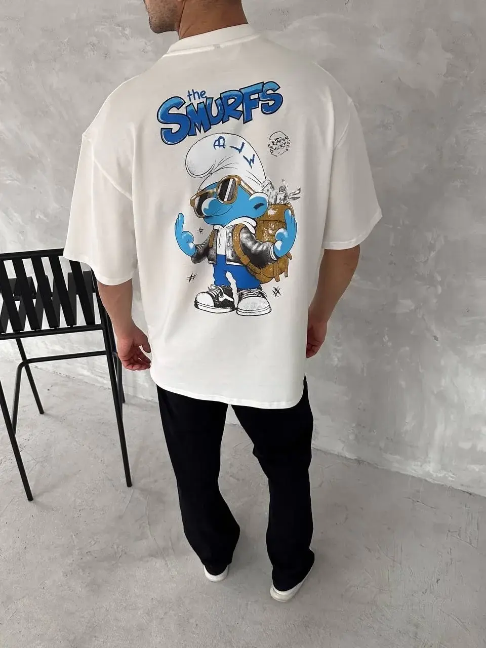 Ön ve Arka Baskılı Oversize Bisiklet Yaka T-shirt- Beyaz