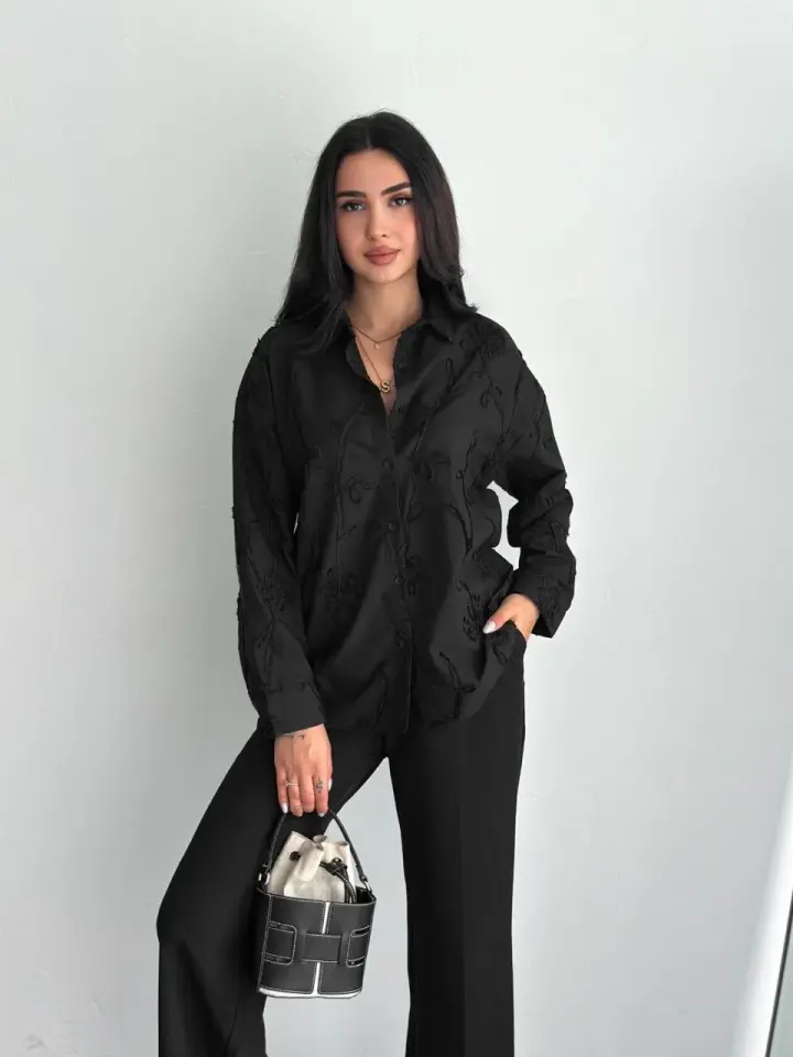 Kadın Nakışlı Uzun Kollu Gömlek - Siyah