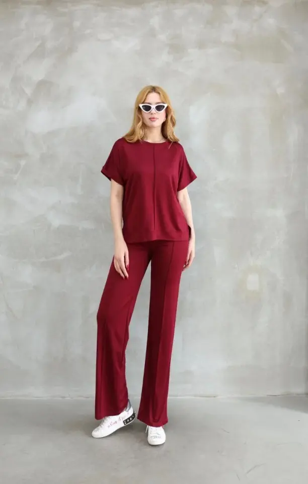 Osy Modal Yumuşak dokulu Kumaş Bisiklet Yaka Kısa Kollu Takım - Bordo