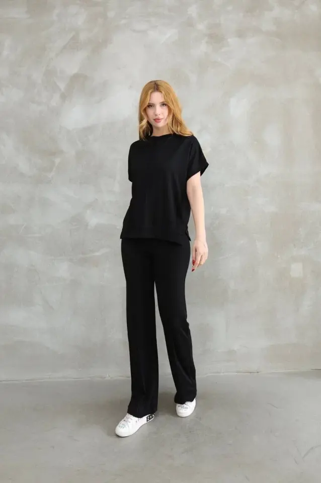 Osy Modal Yumuşak dokulu Kumaş Bisiklet Yaka Kısa Kollu Takım - Siyah