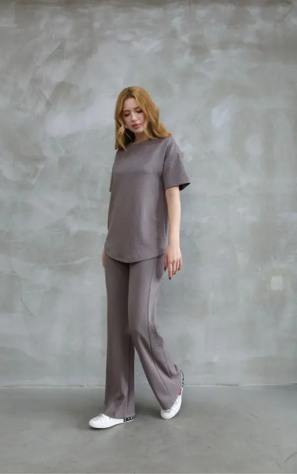 Osy Modal Yumuşak dokulu Kumaş Bisiklet Yaka Taş detaylı Kısa Kollu Takım - Vizyon