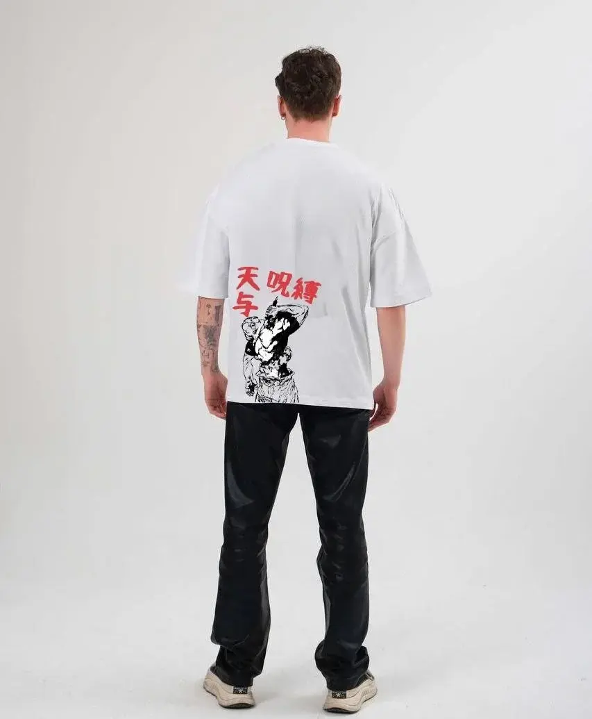 Unisex Bisiklet Yaka Baskılı Oversize T-Shirt - Beyaz