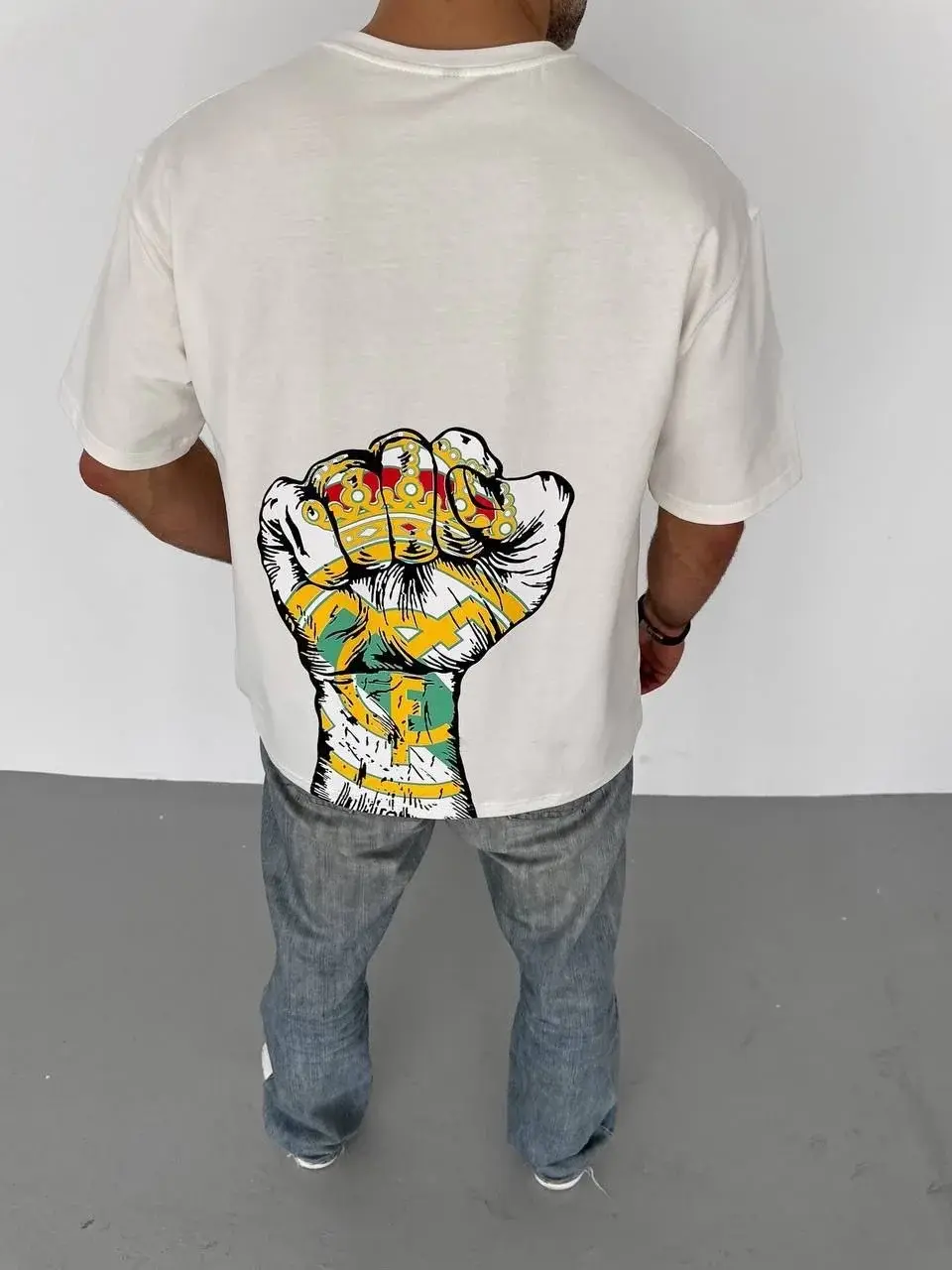 Unisex Bisiklet Yaka Baskılı Oversize T-Shirt - Beyaz