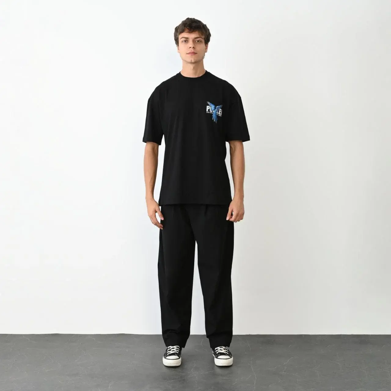 Unisex Bisiklet Yaka Baskılı Oversize T-Shirt - Siyah