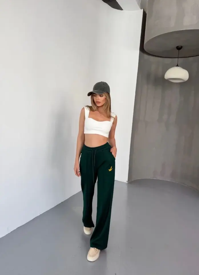 Osy Modal Yumuşak Dokulu Kumaş Nakış işlemeli Rahat Bol Paça Eşofman Pantalon - Yeşil