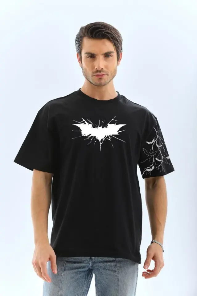 Unisex Ön ve Kol Baskılı Oversize T-shirt - Siyah